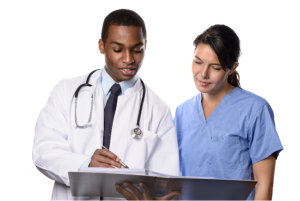 Two Medical Professionals Discussing Patient Information Based on the Document, Isolated on White Background.